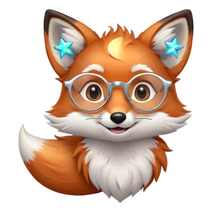 A gentle fox with iridescent fur, a glowing tail, a silver star on its forehead, and round glasses, smiling softly with closed, happy eyes. 🦊😊 sticker