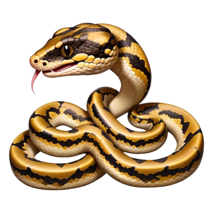 A close-up 3/4 view of the Ball Python with the front half raised slightly in an S-shape and its tongue flicking out. The head is angled curiously toward the viewer, showing both personality and motion. sticker