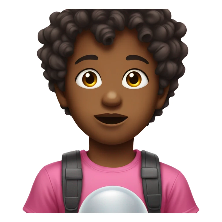Young boy with pacifier in his mouth dark curled hair and a pink tshirt  sticker