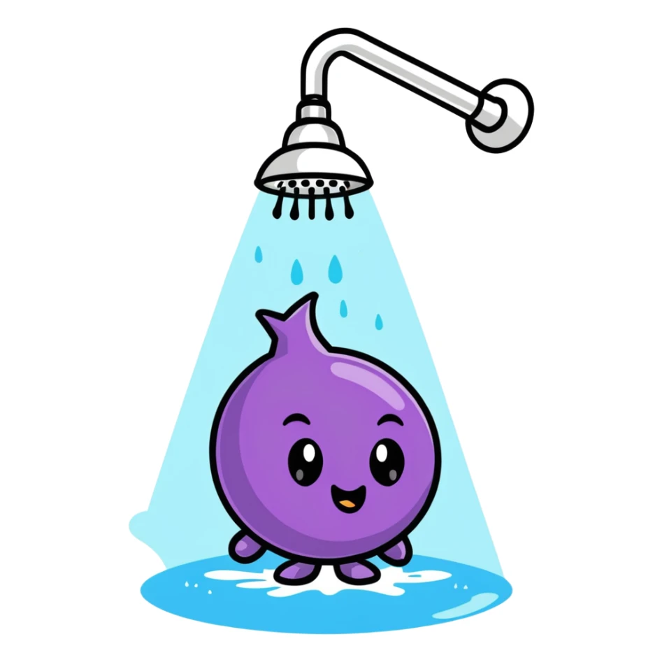 onion character taking a shower, water pouring from showerhead sticker