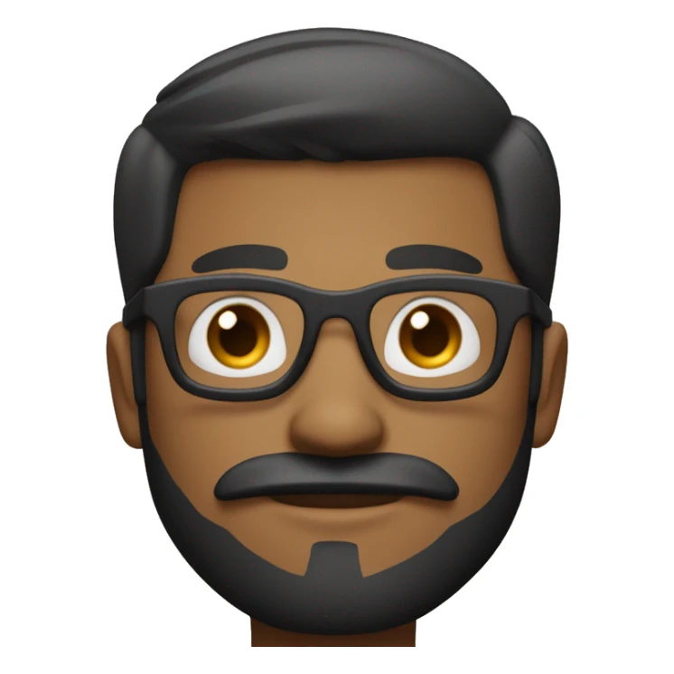 A light brown man with black hair with a neutral facial expression, styled exactly like Apple emojis. The background is plain, keeping the focus on the character. He has square bold slightly tinted glasses. A mustache and a sharp beard by the chin. sticker
