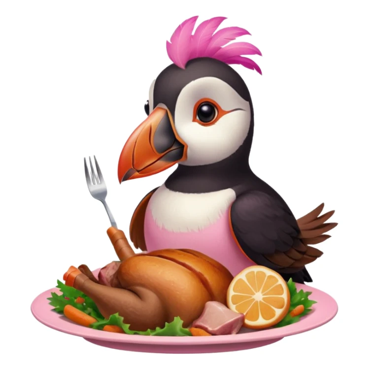 pink puffin that is pink-colored eating roast dinner sticker