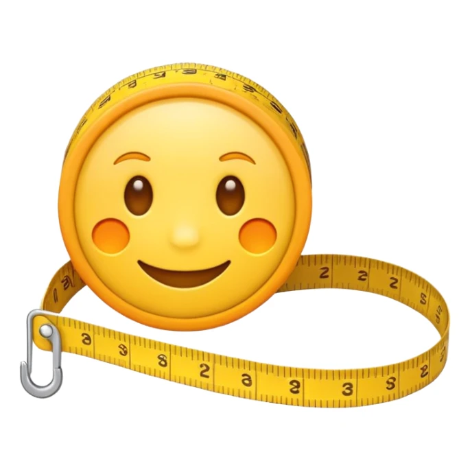 Cute emoji-style measuring tape roll, yellow color with orange highlights, soft edges, small eyes and smile for fun cartoon effect, simple emoji icon style. sticker