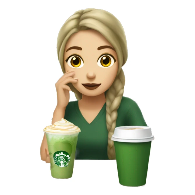 Slavic girl drinking matcha latte from Starbucks sticker
