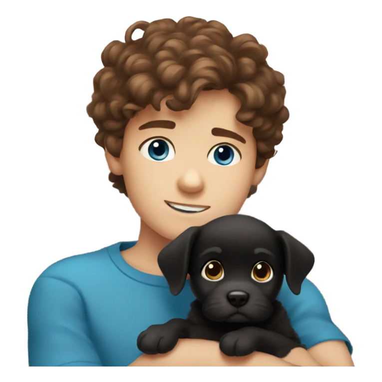 Brown hair boy with blue eyes with fluffy black puppy sticker