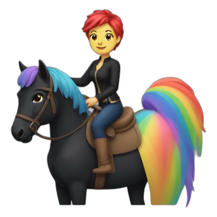 Woman whit short rainbow hair riding a black horse sticker