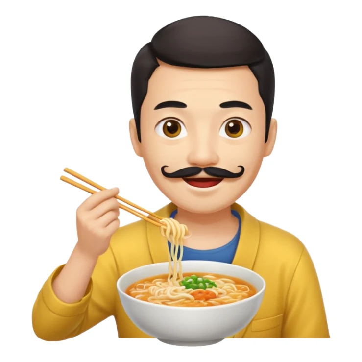 Chinese guy, yellow emoji, with long moustache smiling with ramen sticker