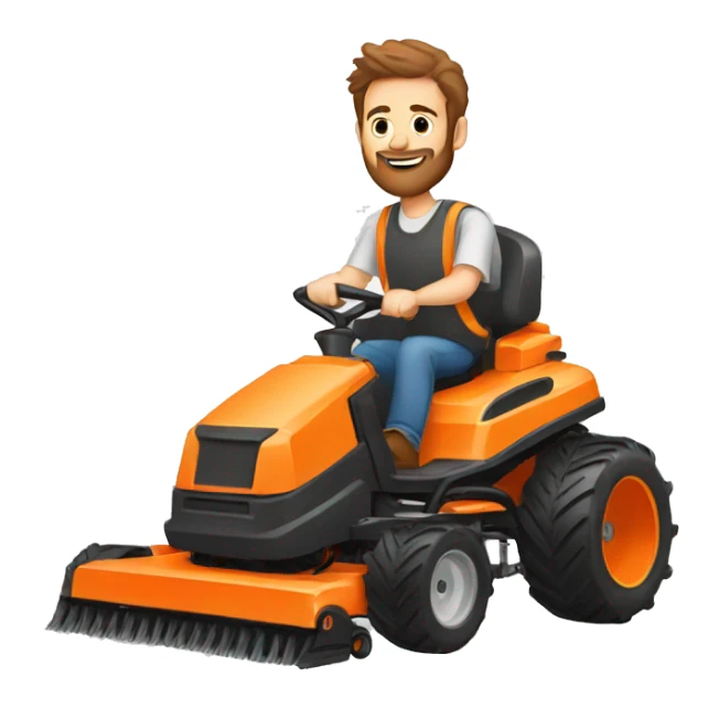 A white man with brown hair and a beard pushing an orange mower sticker