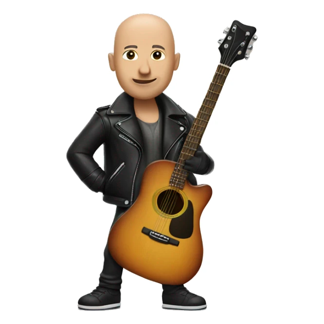 bald musician with guitar indoors and leather jacket sticker