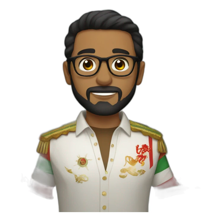 Short black hair and beard, dark brown eyes white man with glasses holding Moroccan flag sticker