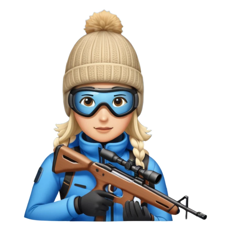 An icon showing a snowy landscape with pine trees, mountains, and a clear sky with a biathlete aiming a rifle in the foreground, wearing winter gear and skis. Transparent background emphasizes the precision, endurance, and beauty of this winter sport. sticker