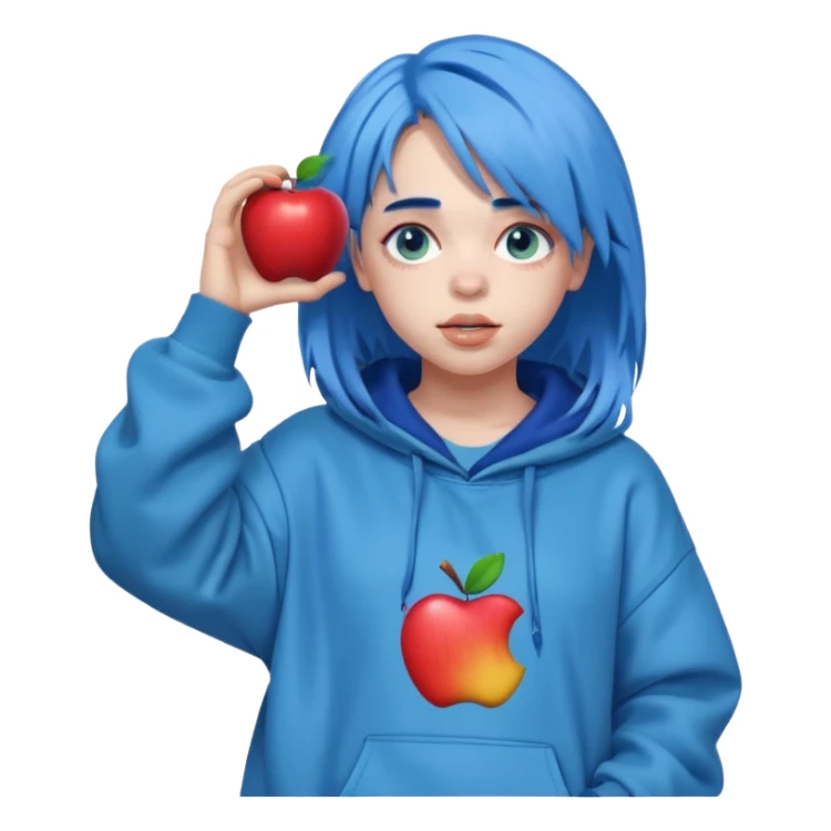 Billie Eilish with blue hair, baggy clothes, playful pose, music icon, Apple emoji style sticker