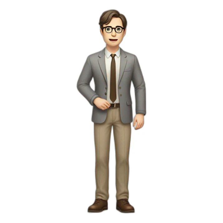 Full height Actively Gesturing Pale skinned fit man with dark brown hair in gray jacket, beige office shirt, brown tie, brown pants and vintage glasses. sticker