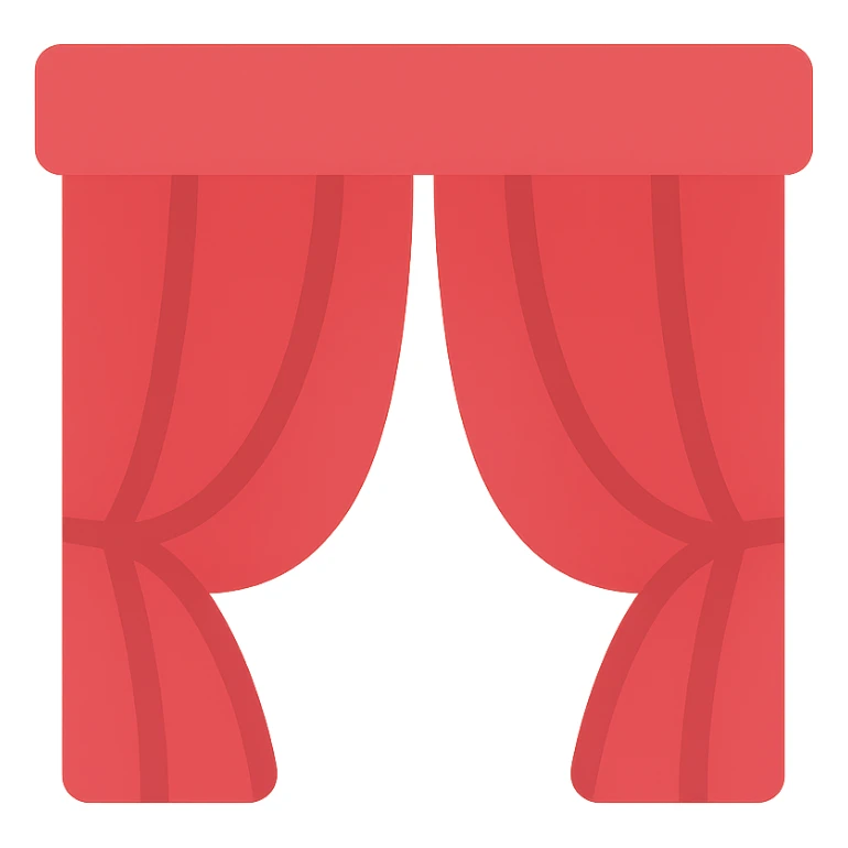 symmetrical red curtain, fully closed, both sides matching sticker
