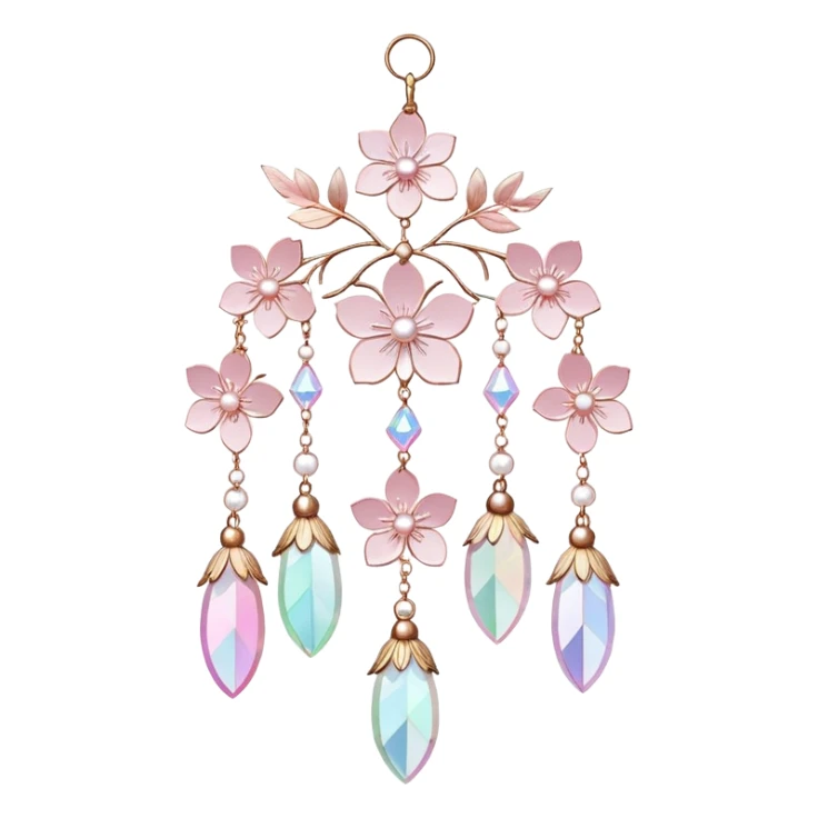 Hanging Iridescent pastel pink sakura crystals white-pearly suncatcher with bells and feathers sticker