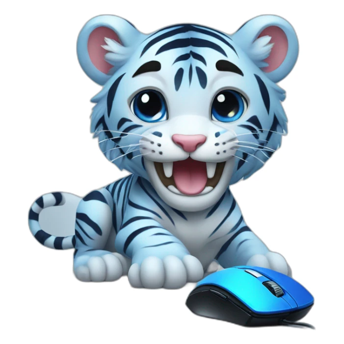A blue tiger playing with a gaming mouse sticker