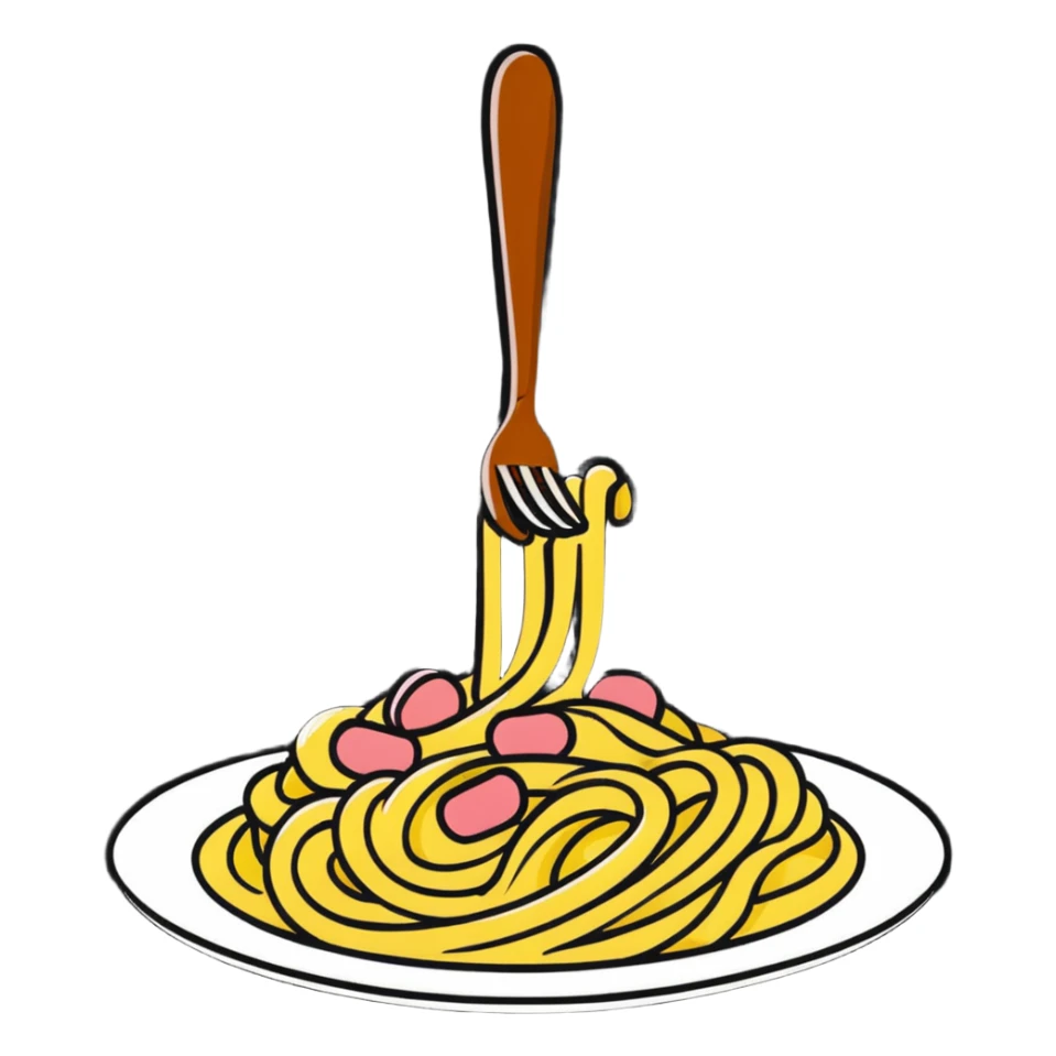 Fork with carbonara spaghetti twirled around it, isolated sticker