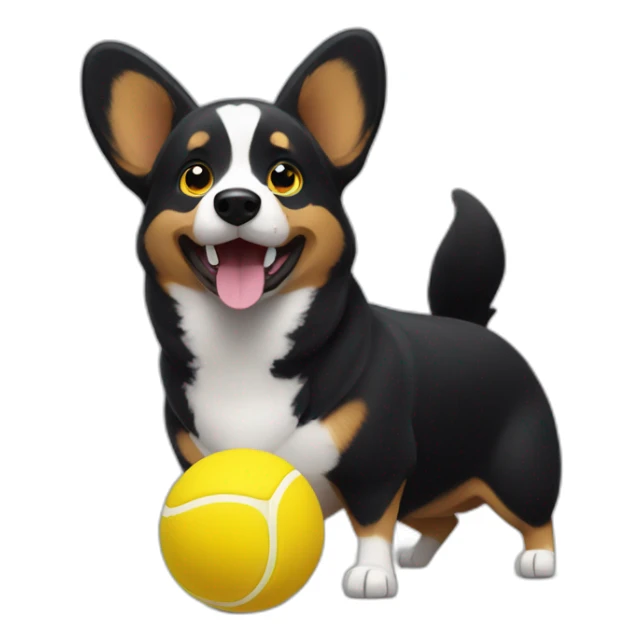 Black corgi Pixar style with a big yellow tenis ball sticker