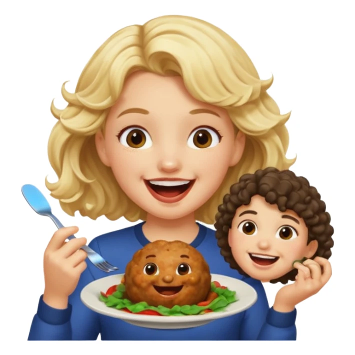 Ragazza bionda leggermente mossa che ride ad un ragazzo con i capelli ricci scuri mentre mangia polpette sticker