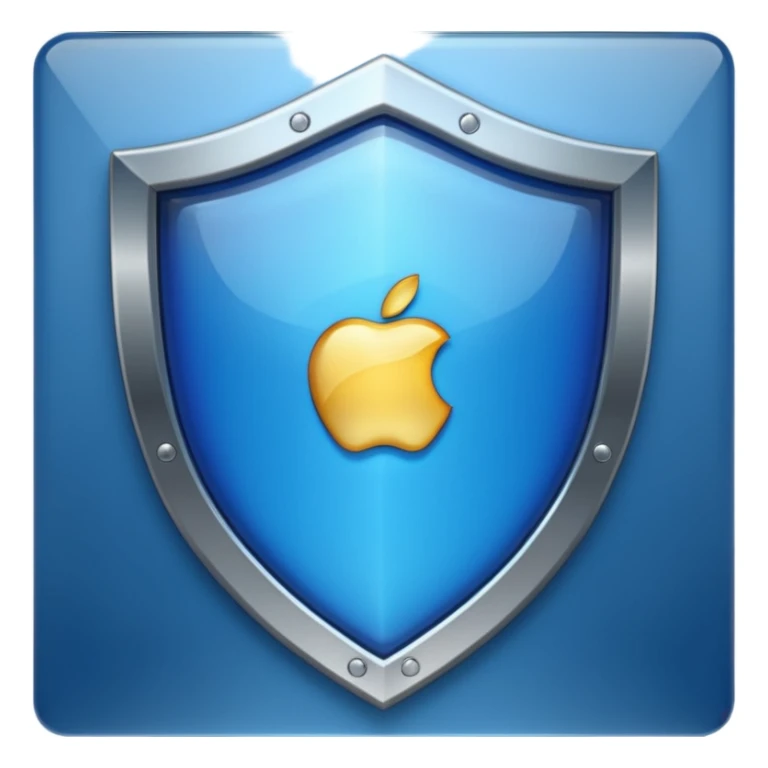 Remove the point at the top middle of the shield. Keep only a deep blue, shiny, glass-like center with a metallic border. No symbols or sword. Apple emoji style. sticker