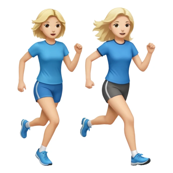 I want 2 women holding hands running in same direction, one is brunette, one is blonde different outfits and please hold hands sticker