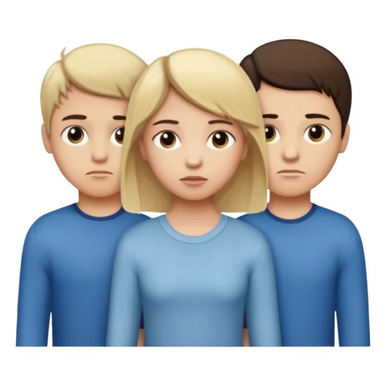  iOS emoji style.
A girl holding hands with two boys at the same time,one boy si brunette the other blonde, one on each side.
The girl has a suspicious, guilty expression, slightly turned eyes.
The boys look neutral and unaware.
 smooth gradients, rounded shape sticker