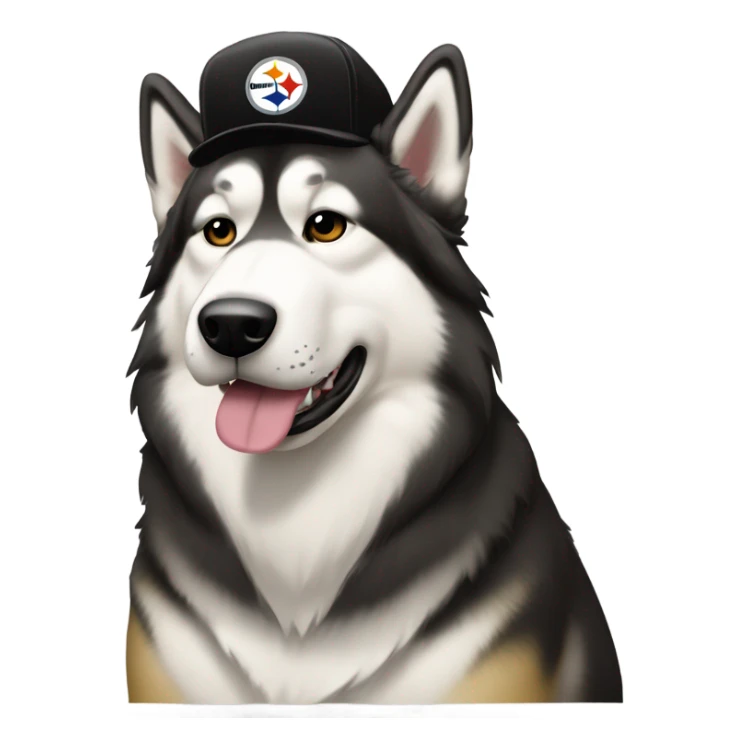 Malamute with cream face wearing Pittsburgh Steelers hat sticker