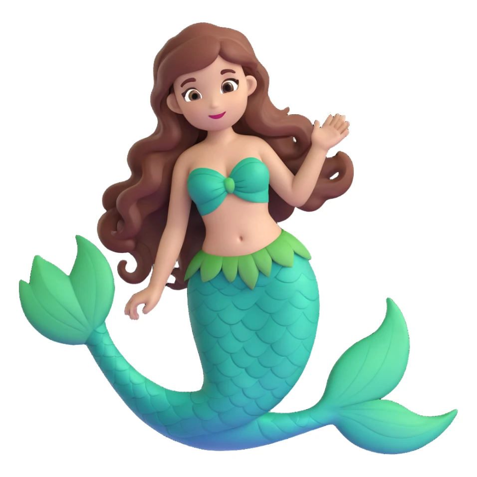 mermaid emoji with chestnut brown hair and a forest green tail, expressive and cute sticker