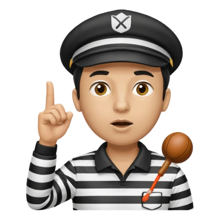 A black calm referee with striped shirt, wearing a sport cap while blowing a whistle, pointing clearly toward the field. sticker