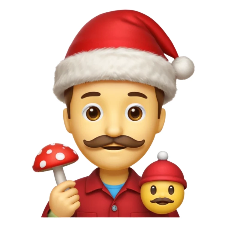 yellow emoji face with brown mustache and red Christmas hat, holding tiny red mushroom, 3D emoji style, 1:1
 sticker