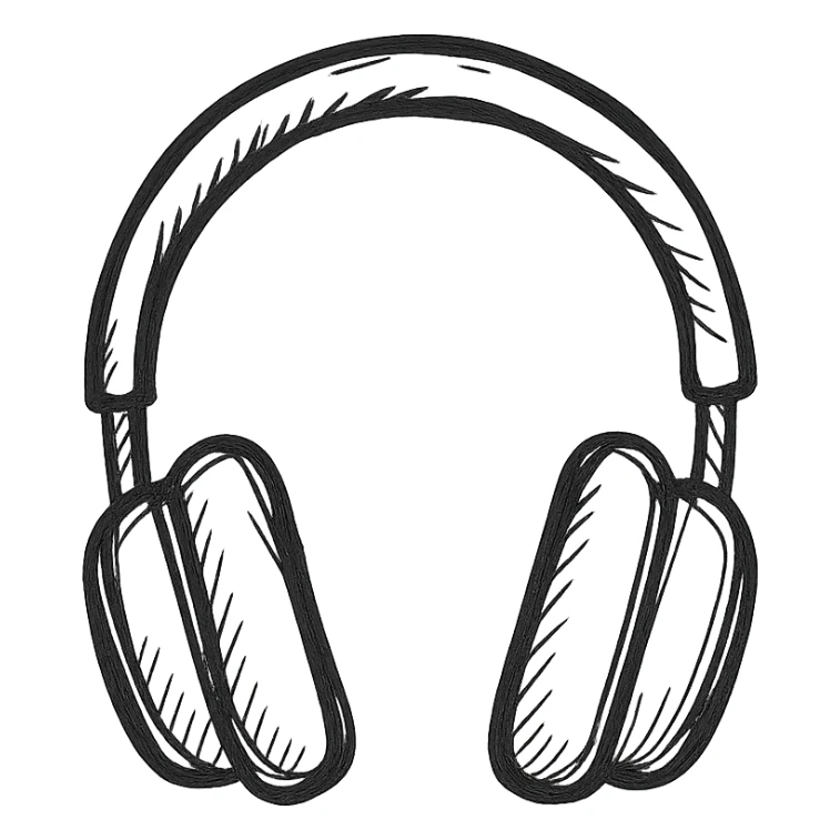 Full-size headphones, black outlined, white fill, hand drawn style sticker
