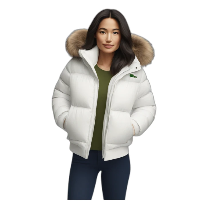 brunette latina woman using Lacoste puffer jacket sticker