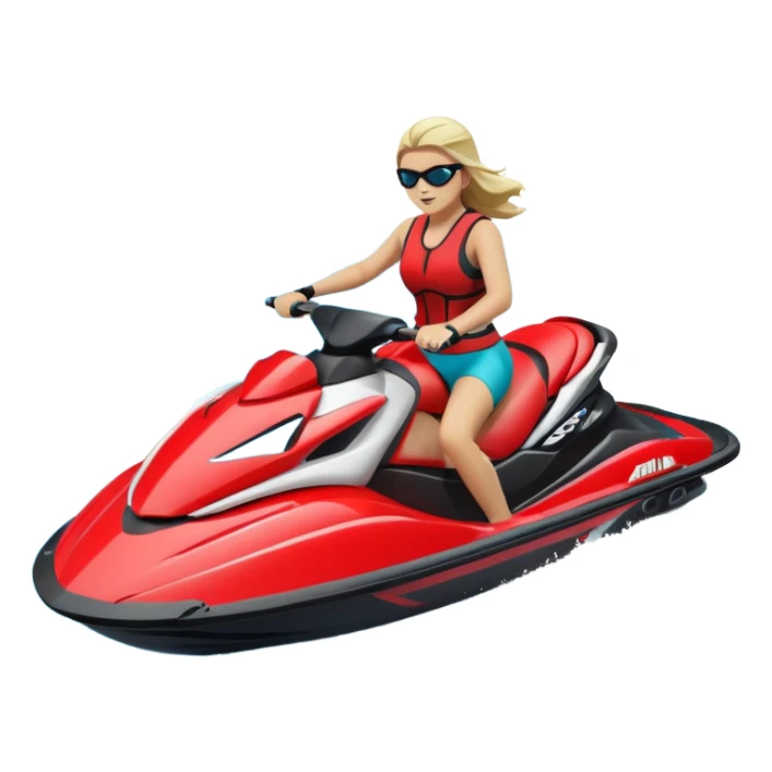 jet ski (red black and white all in the same amount. maybe a red a bit more dominant) on the sea. show the sea under the jet ski - blue with turquoise. no sky - white background instead. DO NOT REMOVE THE SEA AND THE WHITE WHEN FINALIZING!  sticker