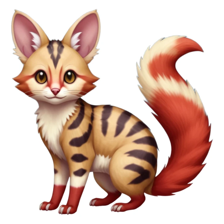 sanguine-red-streaked natural realistic divine beautiful elegant pretty precious cute young youthful  Fakémon-Pokémon-alien-opossum-feline-serval-caracal-chinchilla-Minccino-hybrid-creature with a big fluffy bushy tail (full body) sticker