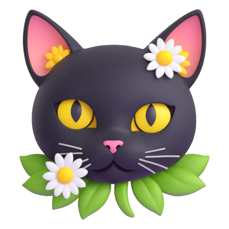 black cat head with large round yellow eyes, only the head visible above grass, white flower on top, surrounded by daisies, extra depth and shading, 3D iOS 18 style sticker