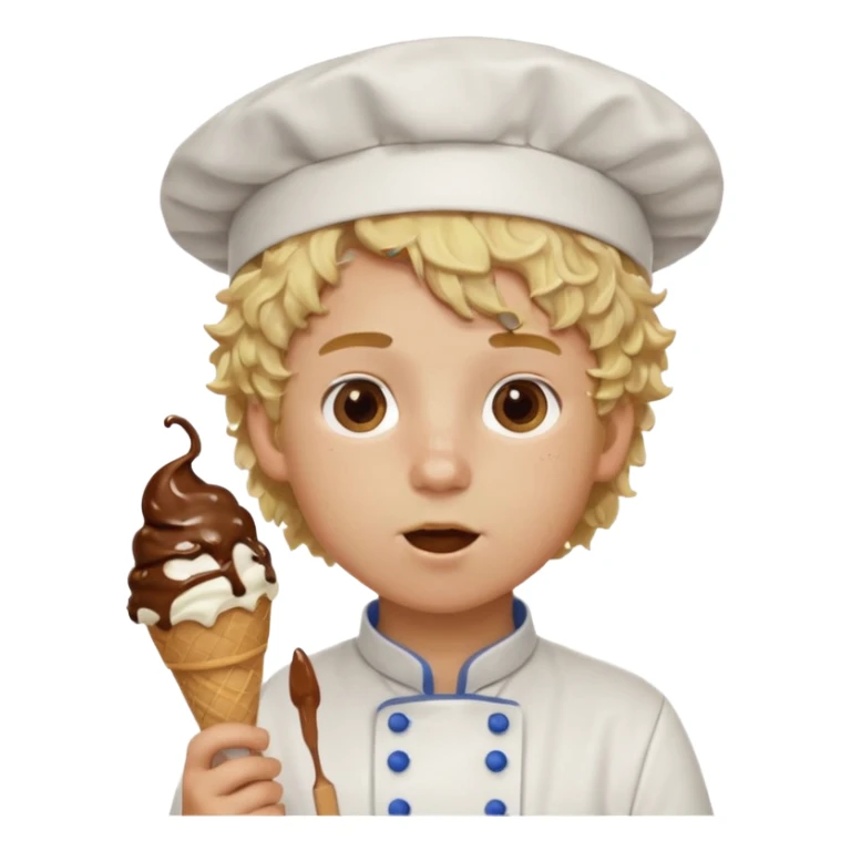 boy blonde curly hair, chef, eating chocolate ice cream sticker