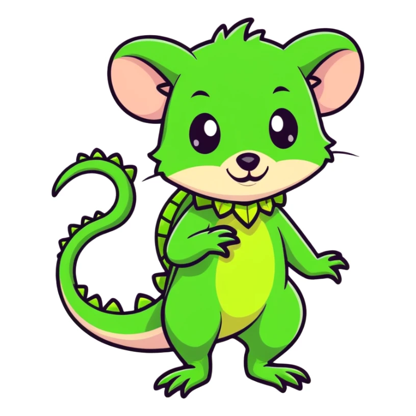 playful and cute possum wearing a bright green lizard costume with a lizard tail and headpiece sticker
