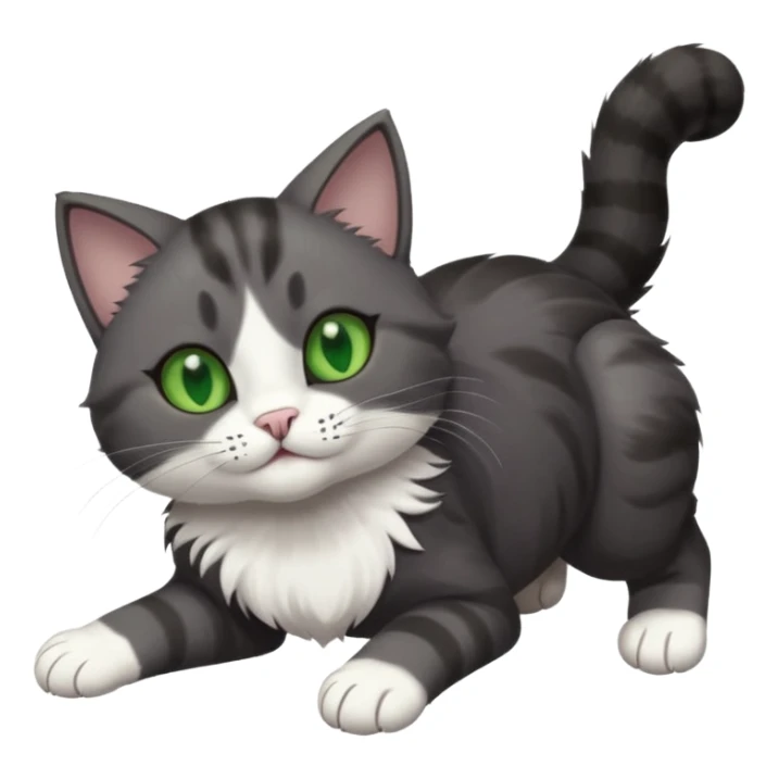 dark grey cat with green eyes, white toes/paws and white patch on her chest playfully rolling upside down sticker