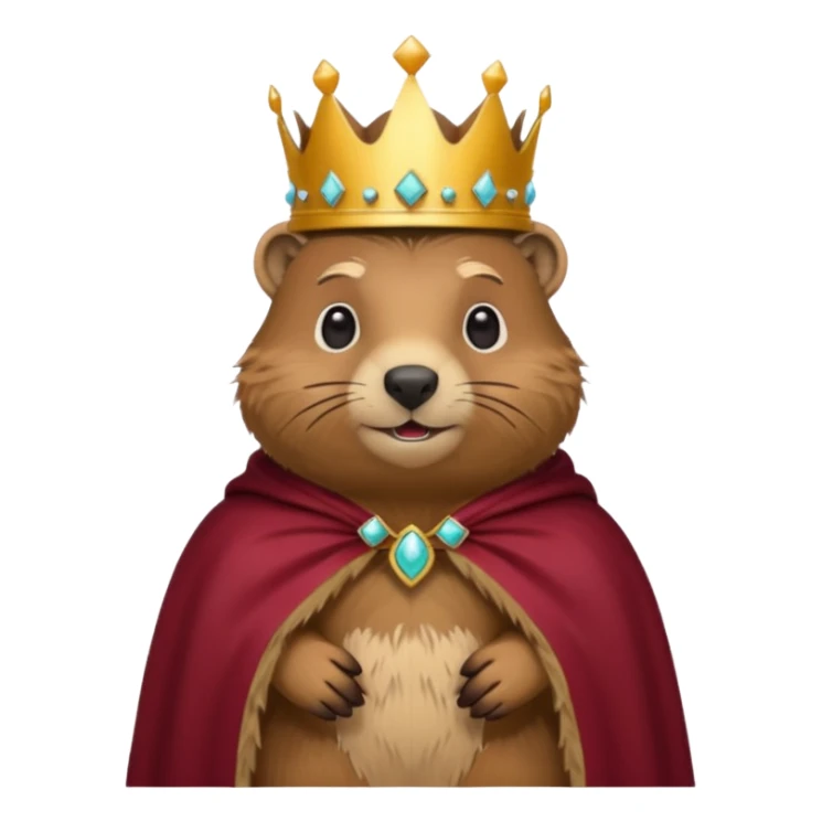 Groundhog wearing crown with a maroon cape with KPM embroidered on the cape sticker