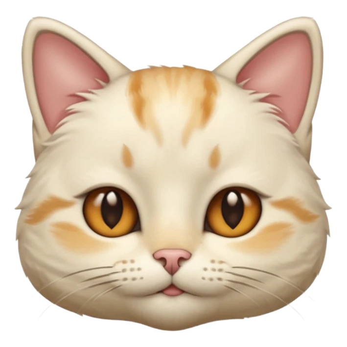 Cream cat face with short hairs, brown eyes and a neck sticker