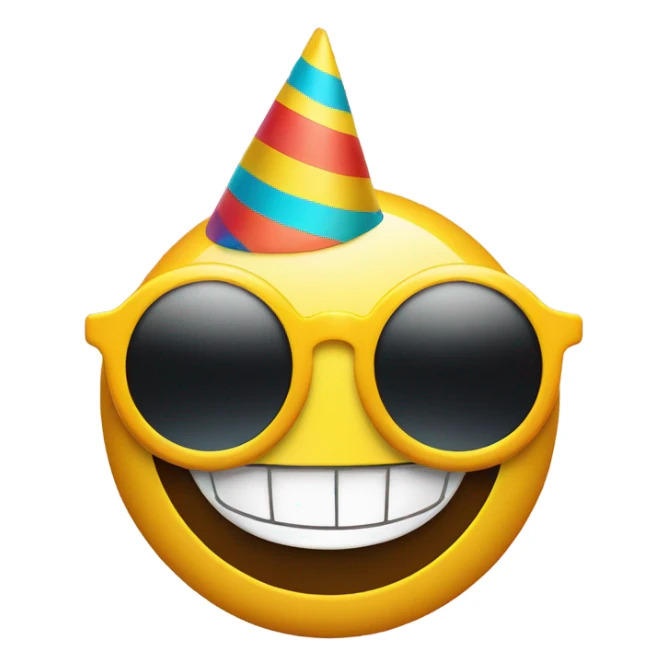 yellow, circle, smile, with party hat on, wearing colorful sunglasses sticker