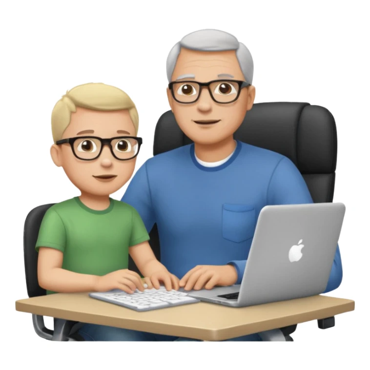 Middle aged man with glasses working at his desk, with his child sitting behind him on the headrest of his chair looking at his computer sticker