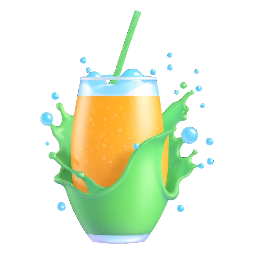 hyper-realistic 3D illustration of a soda splash, dynamic motion, with detailed droplets and fizz sticker