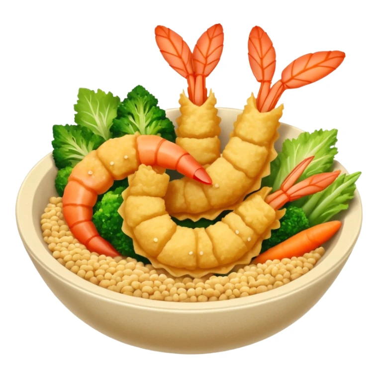 tempura shrimp and vegetables arranged in a bowl, golden batter, vivid textures sticker