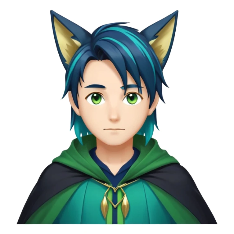 anime man with straight long dark-blue-black-gradient hair with light-green stripes in it, long black fox ears, hazel-gradient-brown-turquoise eyes, gold earring, dark-blue-sweater, green cape,  sticker