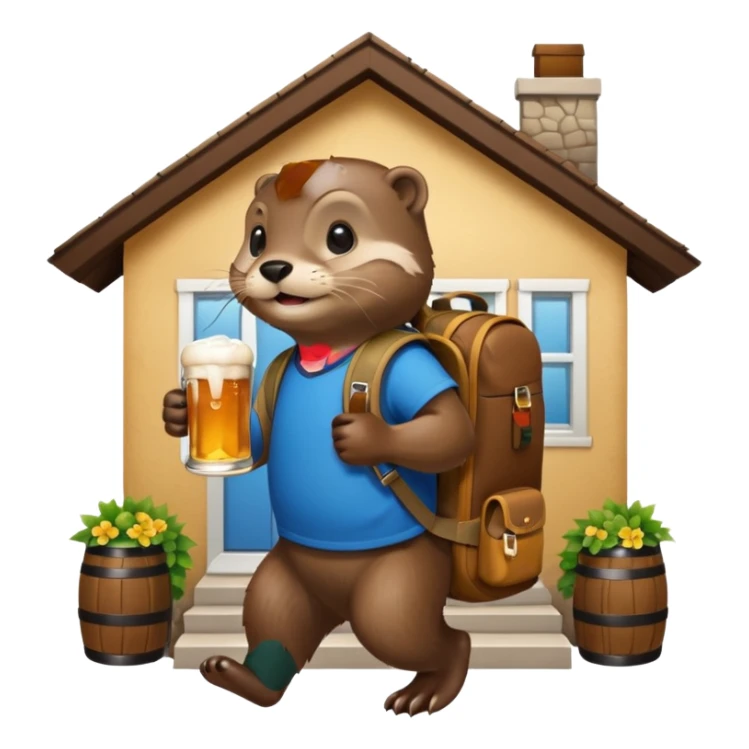 otter with a backpack holding a beer entering a house sticker