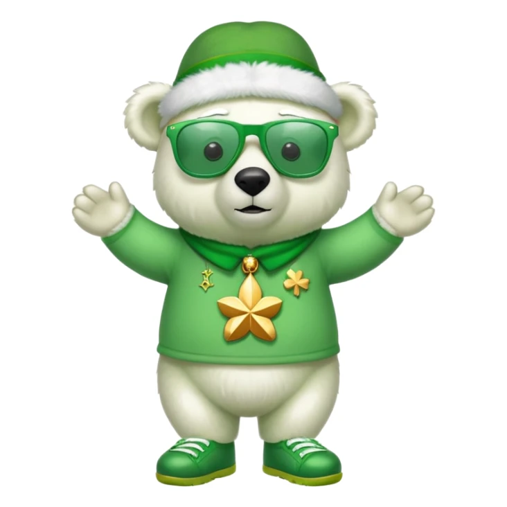 full body friendly anthropomorphised polar bear wearing oversized colorful star glasses, green hat, shamrock accessories, festive green shirt, green shoes, St. Patrick's Day sticker