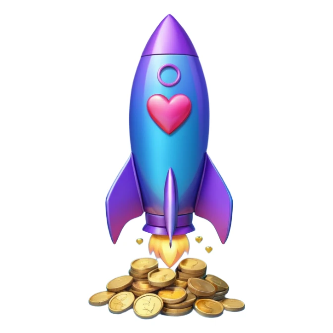 3D rocket with coins and hearts, purple blue gradient, glossy, transparent background sticker
