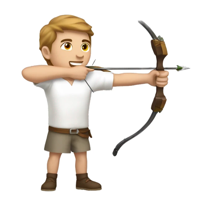 a male archer aiming with a bow looking and  aiming at his target, wearing a white shirt, very show brown hair, bright skin sticker