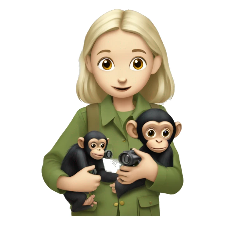 young Jane Goodall with binoculars and a baby chimpanzee sticker